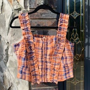 NWT Anthropologie Verb Orange & Navy Ruffled Plaid Cropped Tank Petite Medium